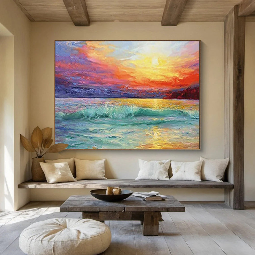 Vivid Sunset Seascape - Orange, Pink & Teal Ocean Painting On Canvas DKH892
