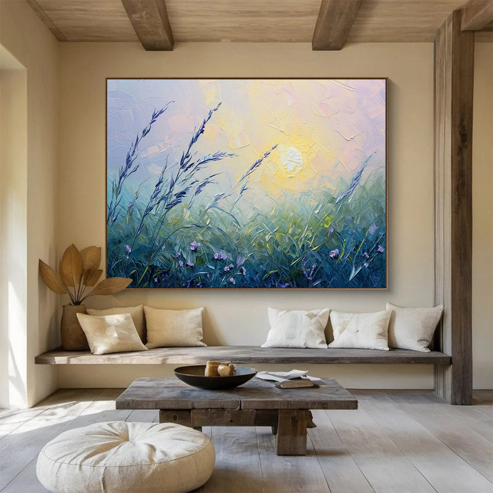 “Pastel Meadow at Sunset” - Soft Purple, Green, Yellow Impressionistic Landscape Painting On Canvas DKH762
