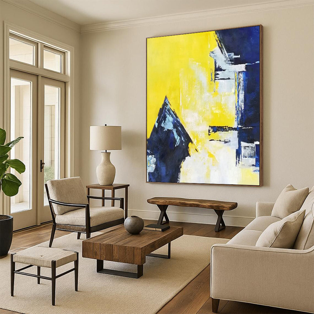 Vibrant Yellow, Blue & White Geometric Abstraction - Abstract Painting On Canvas CT2304