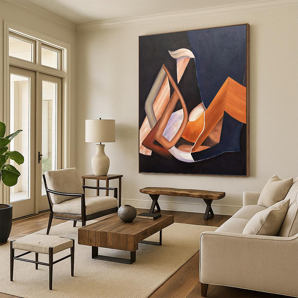 “Warm Geometric Abstraction” - Brown, Orange & Purple Cubist - Inspired Painting On Canvas DKH0927