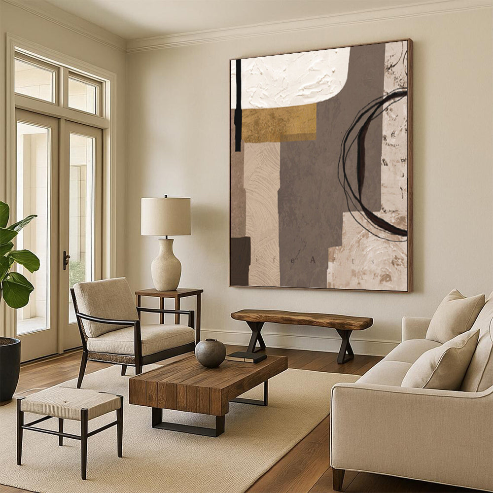 “Neutral Collage” - Brown, Gray & Gold Geometric Shapes Painting On Canvas DKH1516