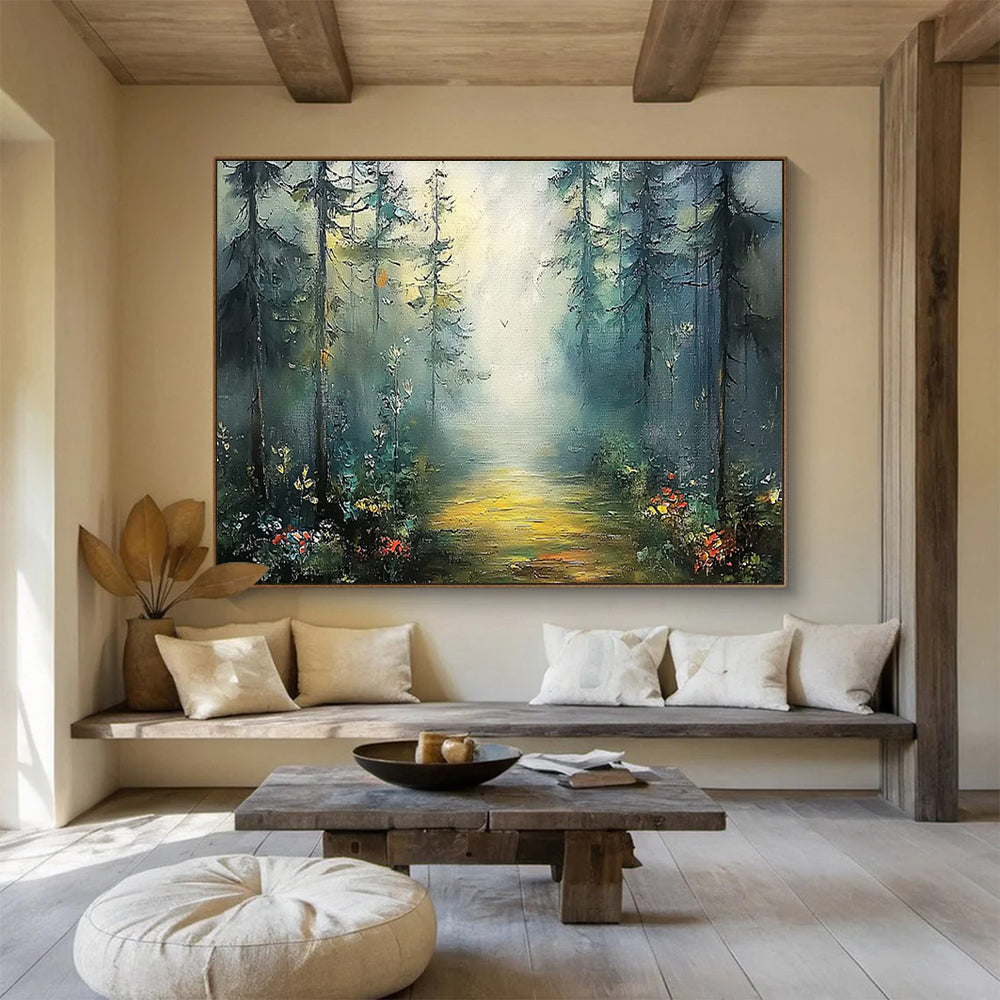 Misty Forest Path - Green & Yellow Landscape Painting On Canvas DKH871