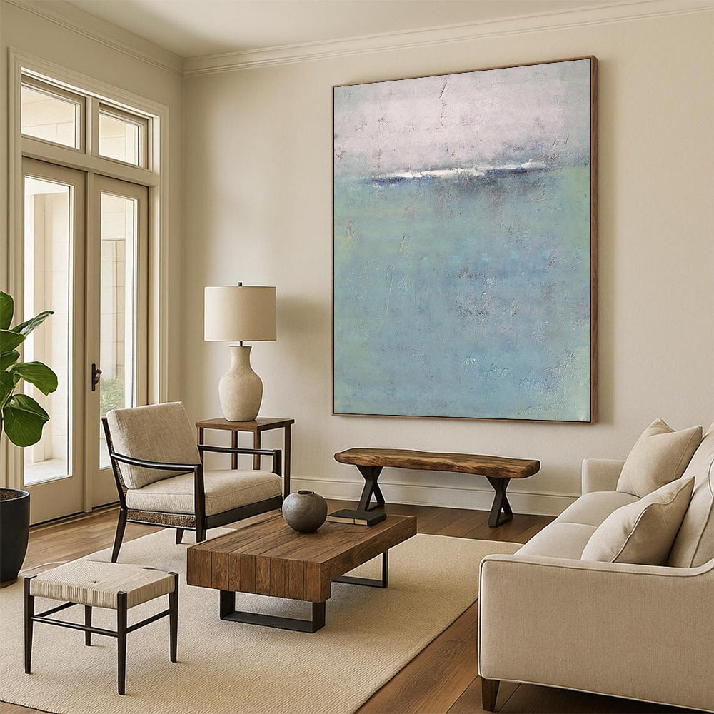 “Blue, Gray, Green Subtle Horizon ‘Quiet Calm’” - Impasto Abstract Landscape Painting On Canvas DTP354