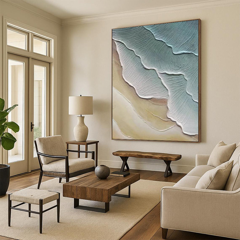 “Green, Beige Textured Layers ‘Earth’s Rhythm’” - Impasto Abstract Landscape Painting On Canvas DTP342