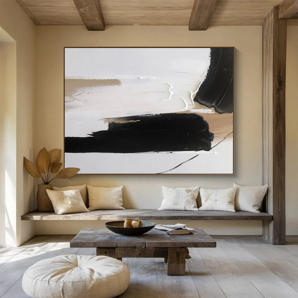 Contrasting Black and Beige Abstract Painting On Canvas DKH315