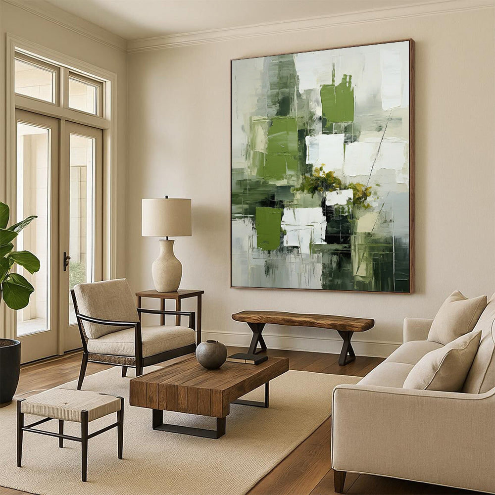 Green & White Geometric Floral - Abstract Still - Life Painting On Canvas CT2264