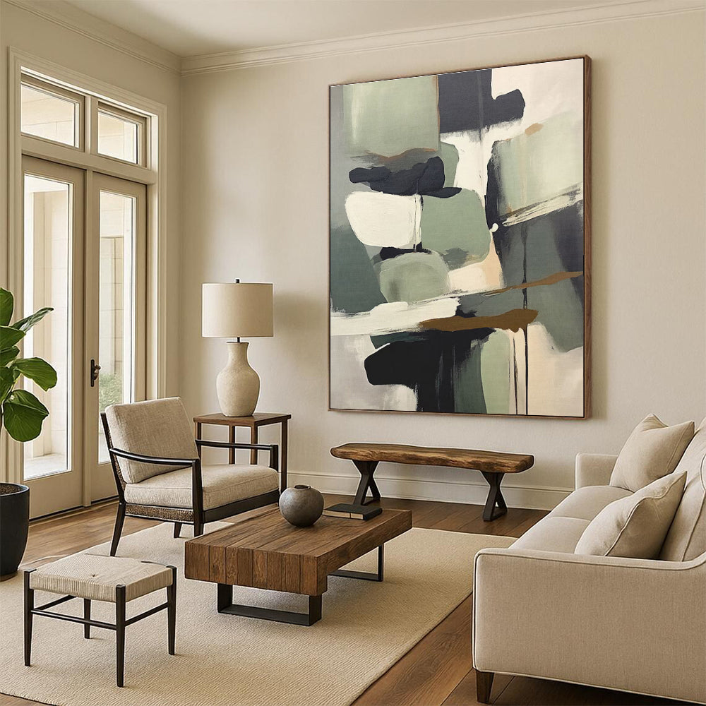Muted Green, Gray & Black Shapes, “Nature’s Palette” - Abstract Expressionist Acrylic Painting CT0748