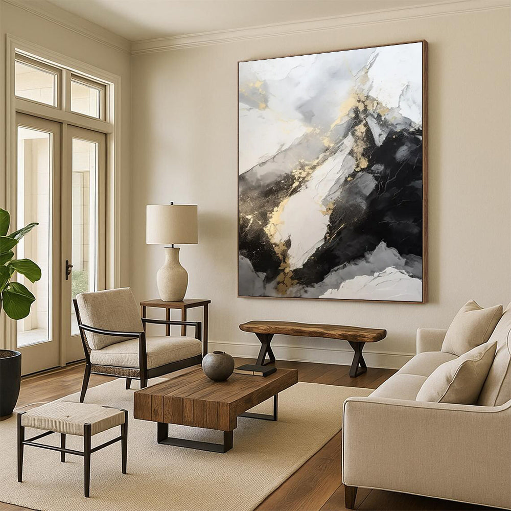 “Dramatic Gray - Black - Gold Peaks” ,Abstract Landscape - Inspired Art CT0871