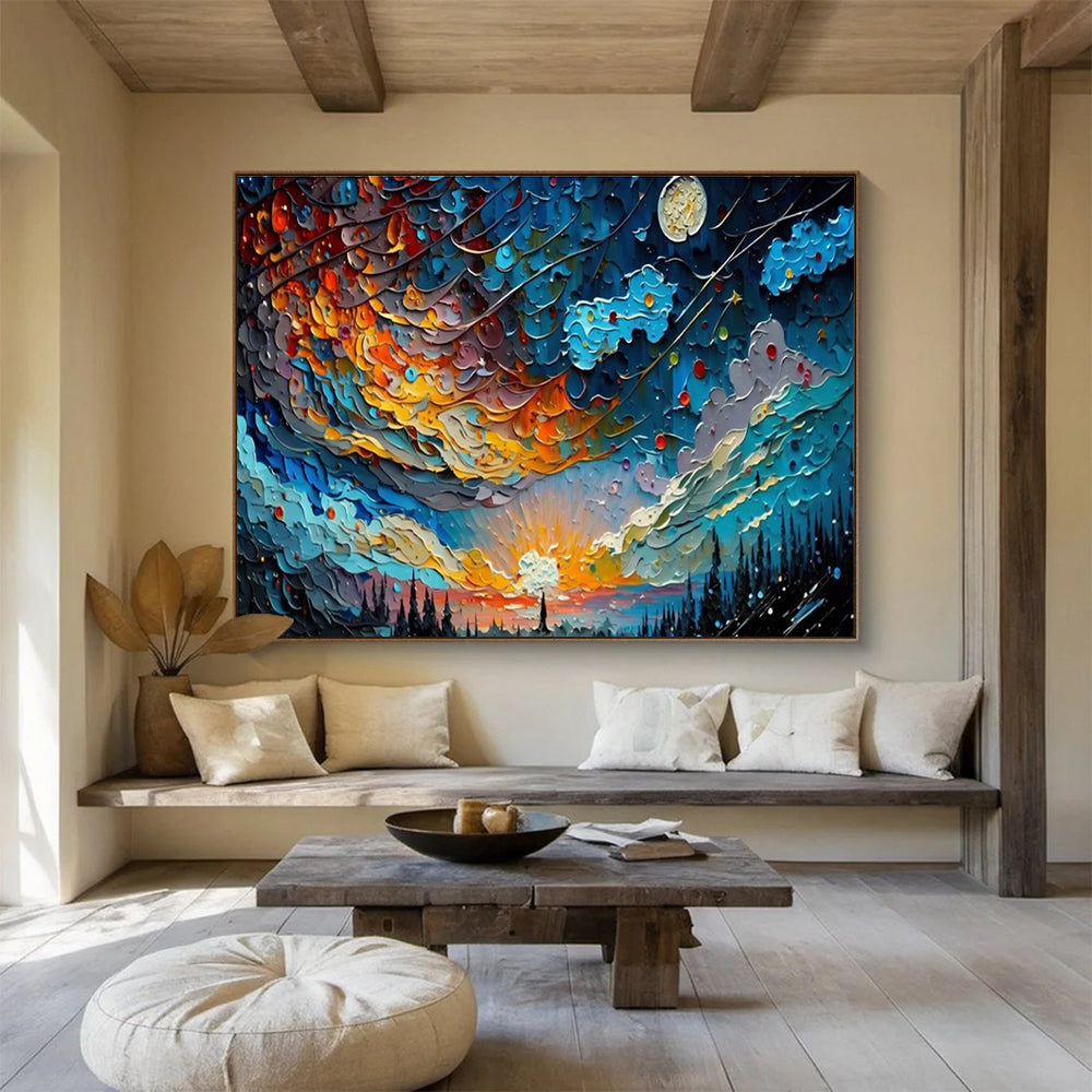Starry Night Fantasy - Blue & Orange Textured Sky Painting On Canvas DKH878
