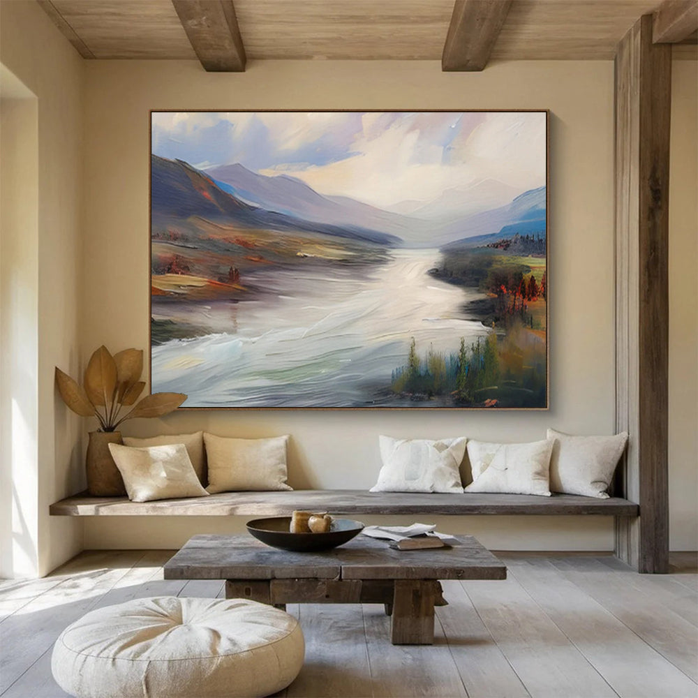“Flowing River Landscape” - Blue, Gray, Brown Landscape Oil Painting On Canvas DKH726