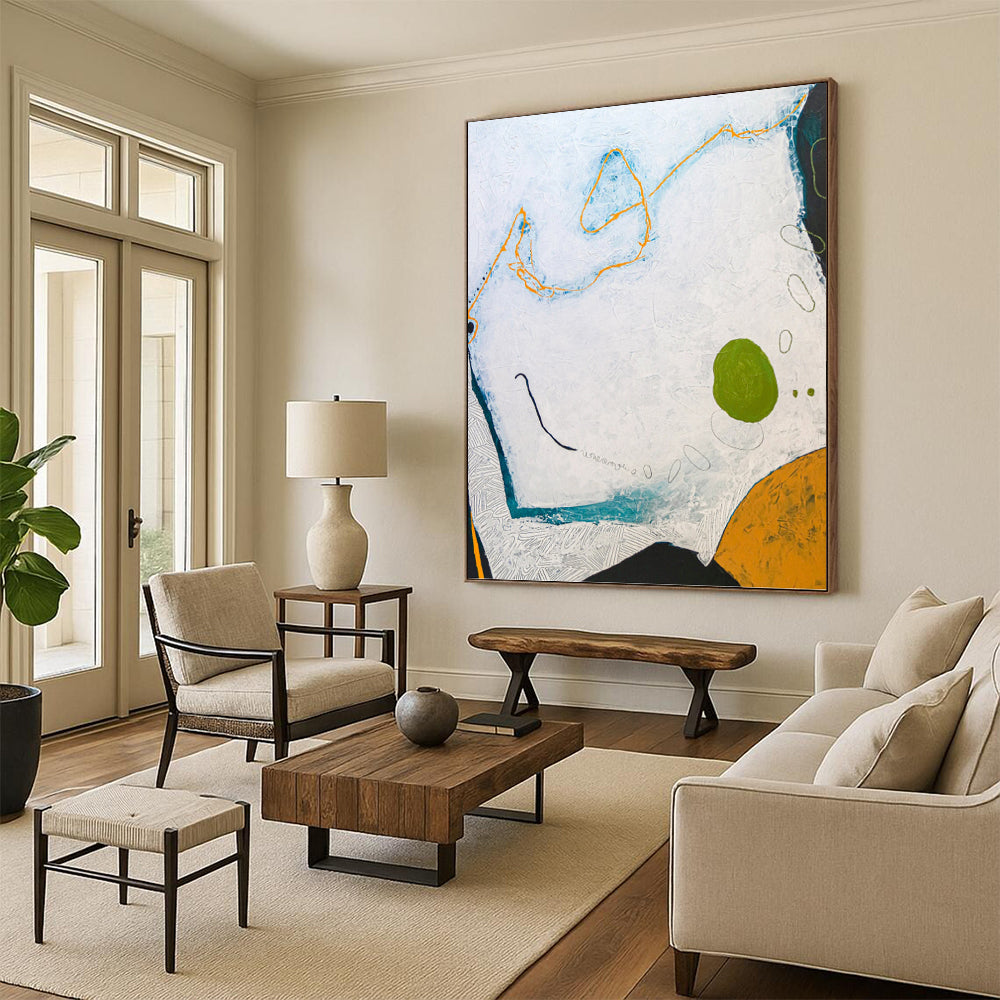 “Textured Abstract with White, Blue, Orange, and Green” - Playful Mixed - Media Painting On Canvas DKH1107