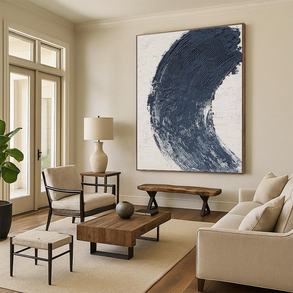 “Thick Blue Crescent Stroke”,Abstract Impasto Style CT0680