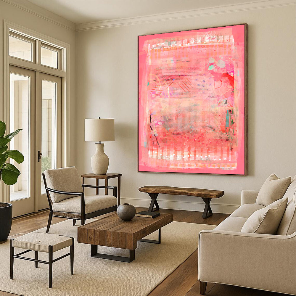 “Pink & Patchwork” - Abstract Mixed - Media Collage Art on Canvas CT1863