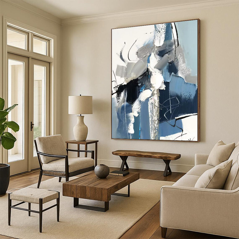 Blue, Gray & White Dynamic Shapes, “Urban Pulse” - Impasto Abstract Painting CT0771