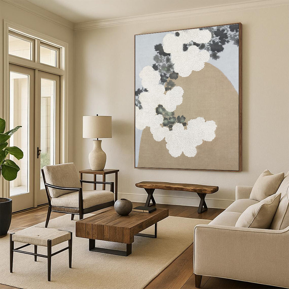 White Flowers & Gray Foliage on Beige, “Chrysanthemum Serenity” - Traditional - Inspired Acrylic Painting CT0750