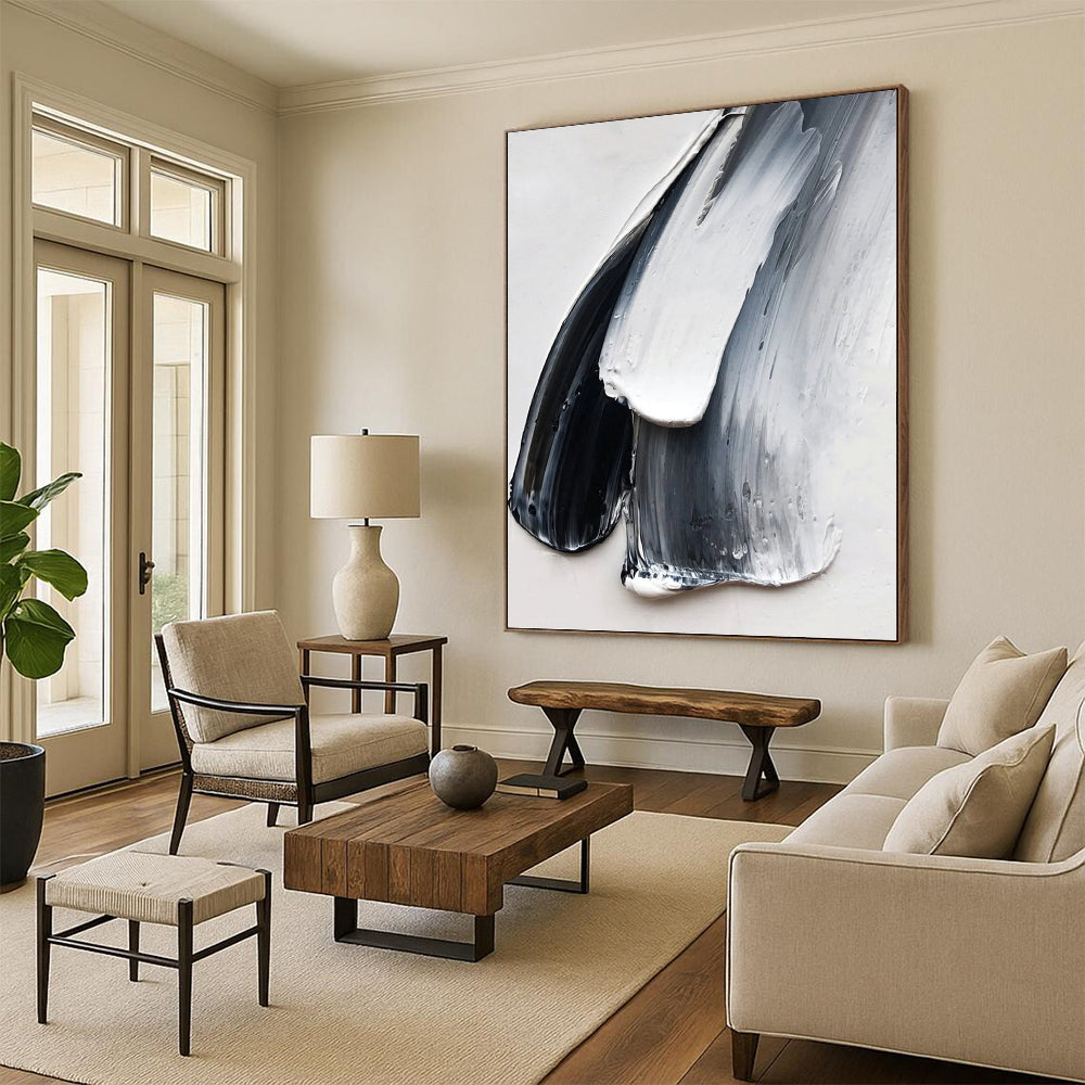 “Black - White - Gray Textured Strokes” - Minimalist Impasto Painting On Canvas DKH1676