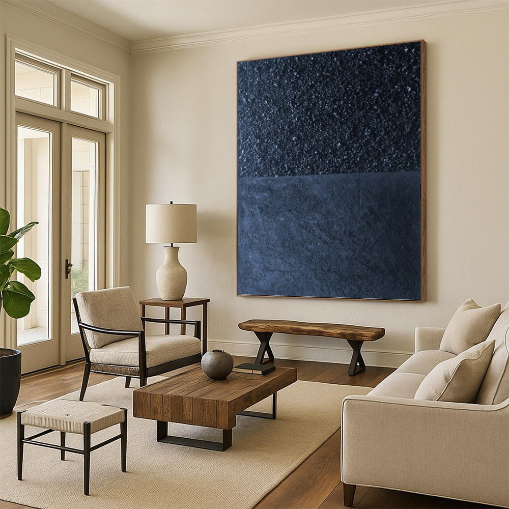 Two - Tone Black & Dark Blue - Minimalist Textured Painting On Canvas DKH1247