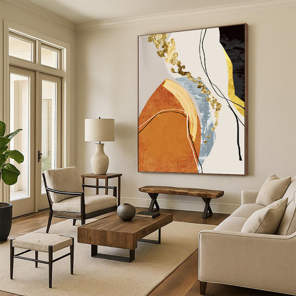 “Golden Fusion” - Orange, Gold, Blue & Black Abstract Shapes Painting On Canvas DKH1515
