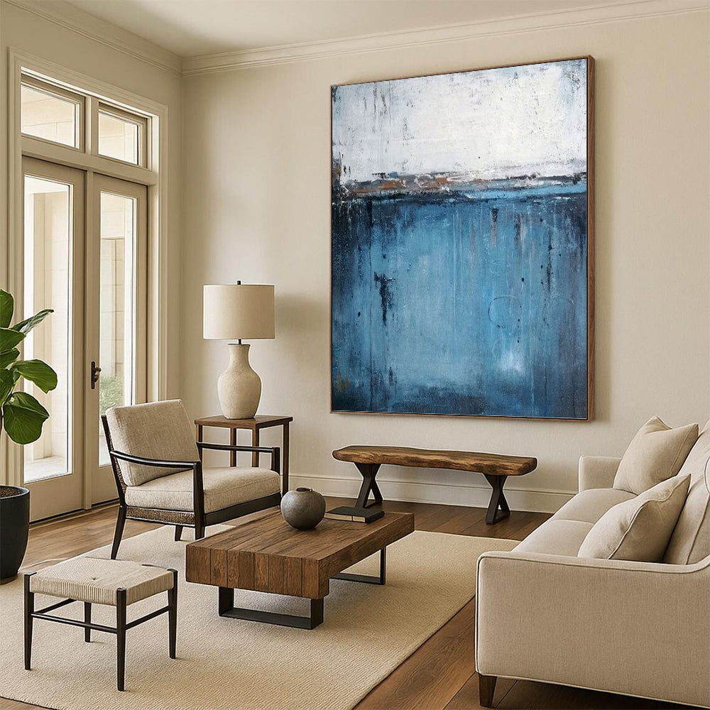 “Minimalist Drips” - Blue and White Abstract with Dripping Effects Painting On Canvas DKH1558