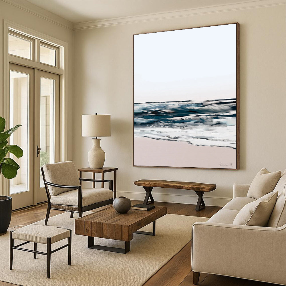 “Abstract Coastal Waves” - Blue, White, and Pink Abstract Painting On Canvas DTP208