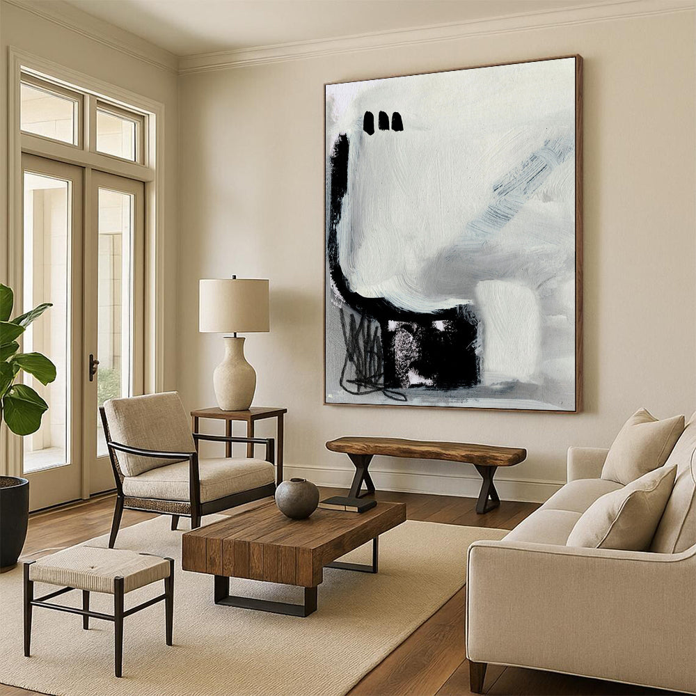 “Abstract Black and Gray Forms” - Black, Gray, and White Abstract Painting On Canvas DTP205
