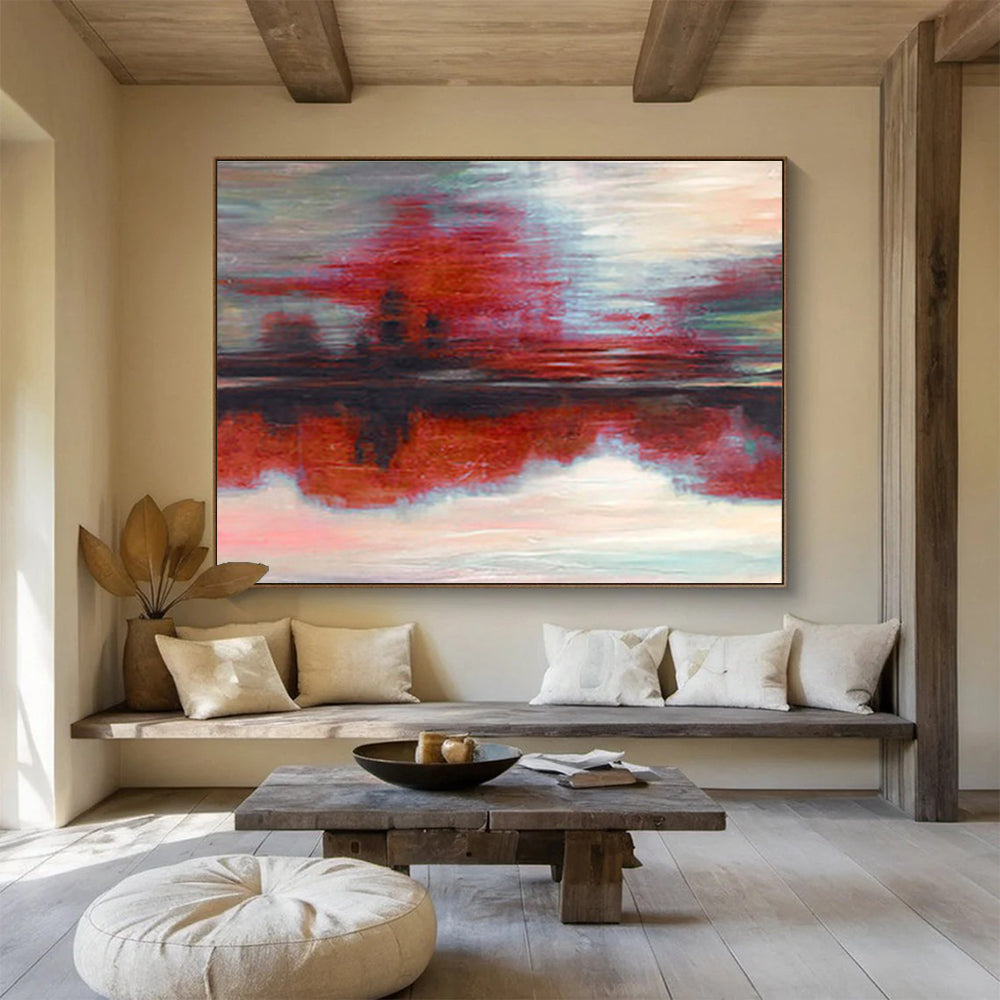 “Red & Gray Abstract Reflection” Abstract Expressionist Painting On Canvas DKH384