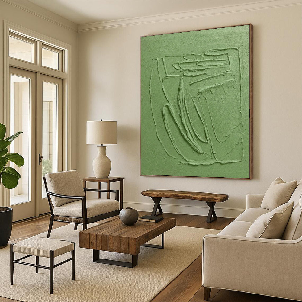 Green Textured Relief - Minimalist Textured Sculptural Painting On Canvas CT2281