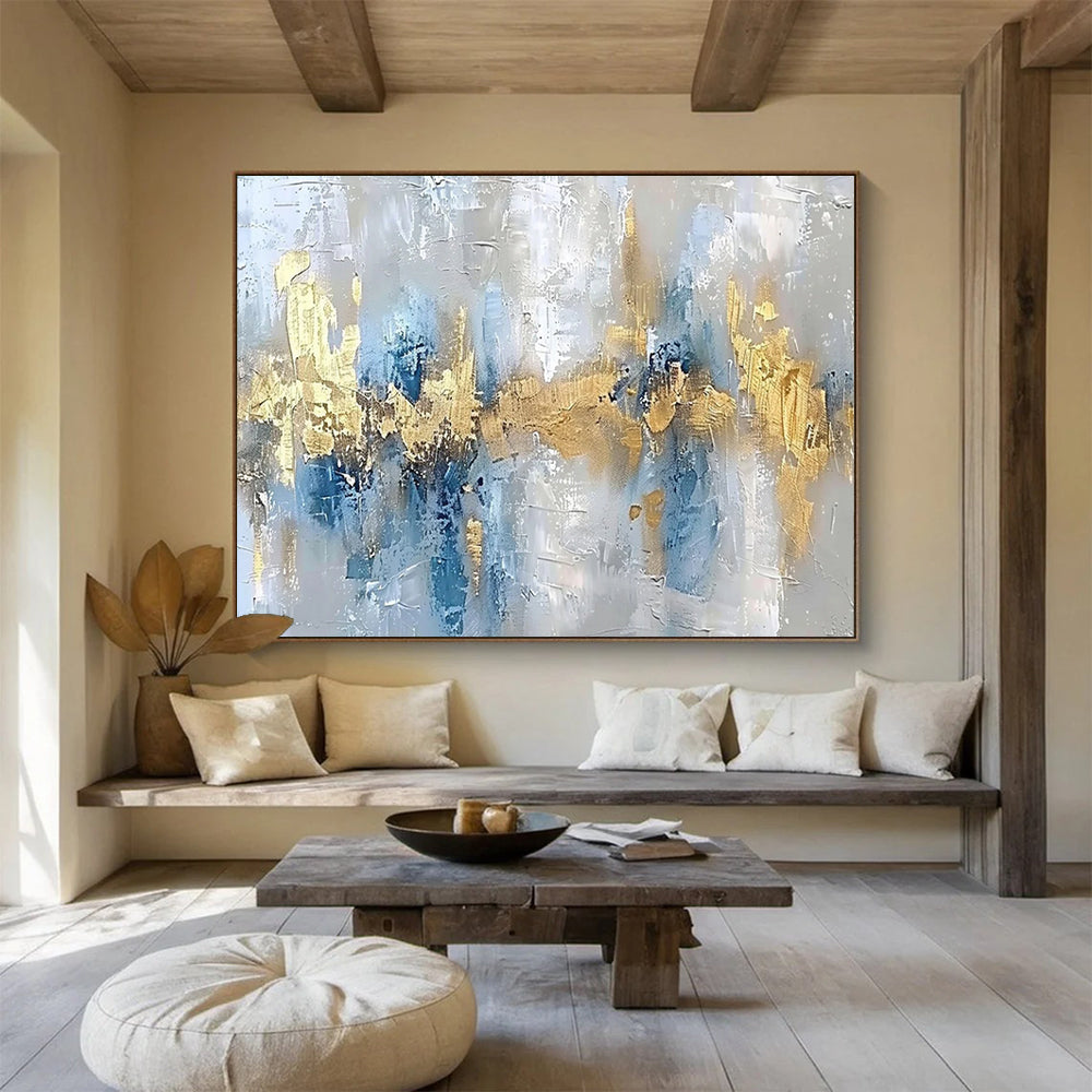 “Blue, Gold, Abstract ‘Coastal Glamour’” - Textured Abstract Painting On Canvas DLZ046