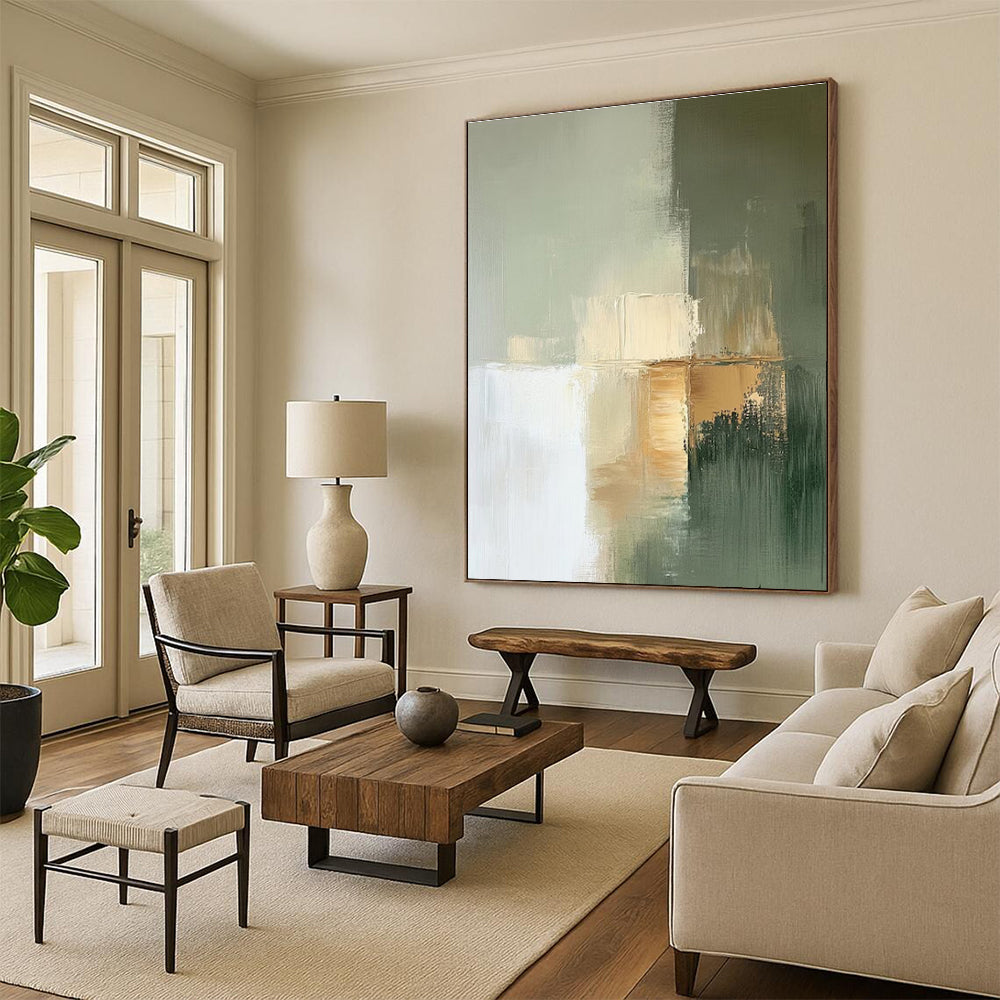 Green, Beige & White Subtle Forms, “Muted Serenity” - Minimalist Abstract Painting CT0770