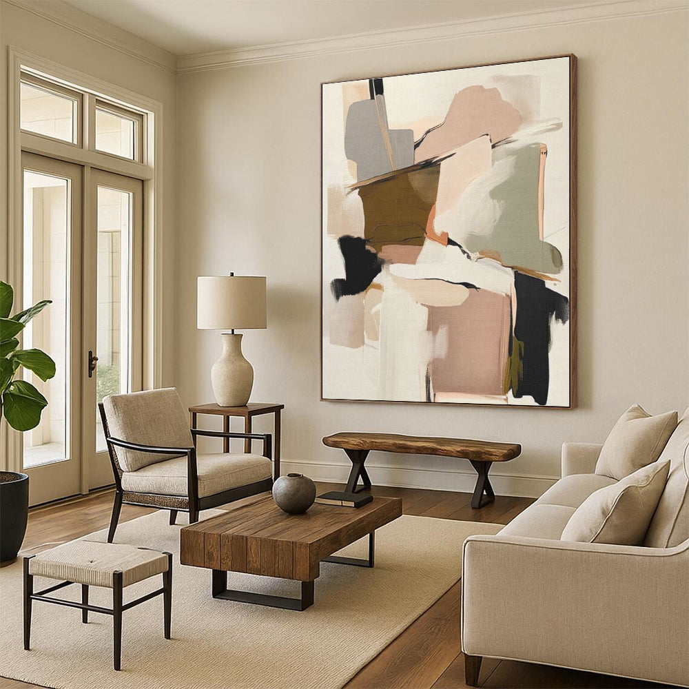 Muted Pink, Beige & Green Shapes, “Soft Modernity” - Abstract Geometric Acrylic Painting CT0755