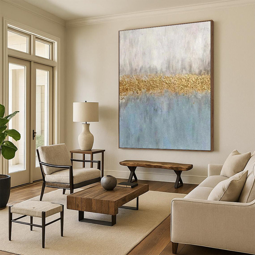 Blue & Gold Abstract Divide - Minimalist Abstract Painting On Canvas CT2289
