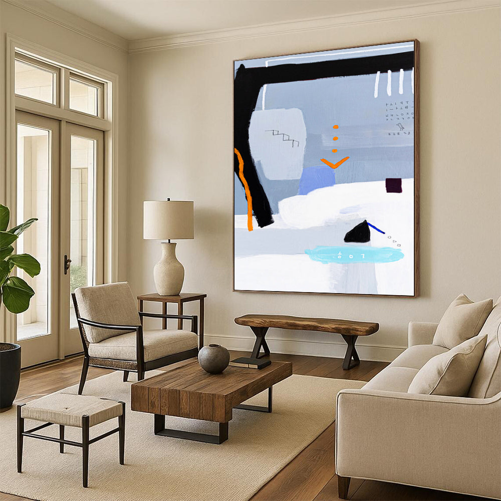 “Gray - Toned Abstract with Black, Orange, and Blue Accents” - Whimsical Abstract Painting On Canvas DKH1097
