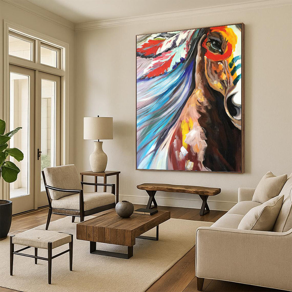 Colorful Horse with Feathered Headdress - Equine Painting On Canvas DKH1426