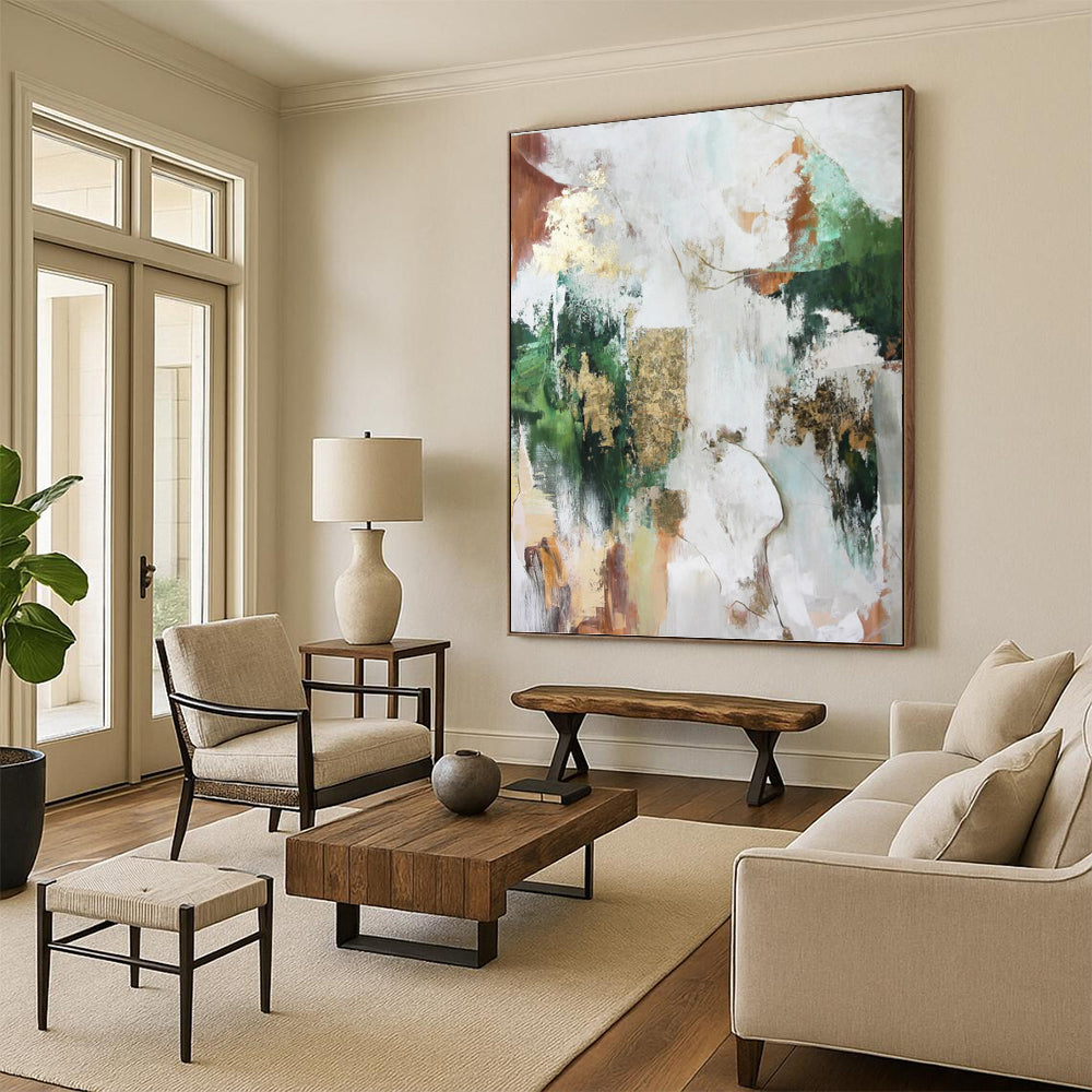 “Multicolor Abstract with Gold” - Green, Gold, Brown & White Eclectic Painting On Canvas DKH1011
