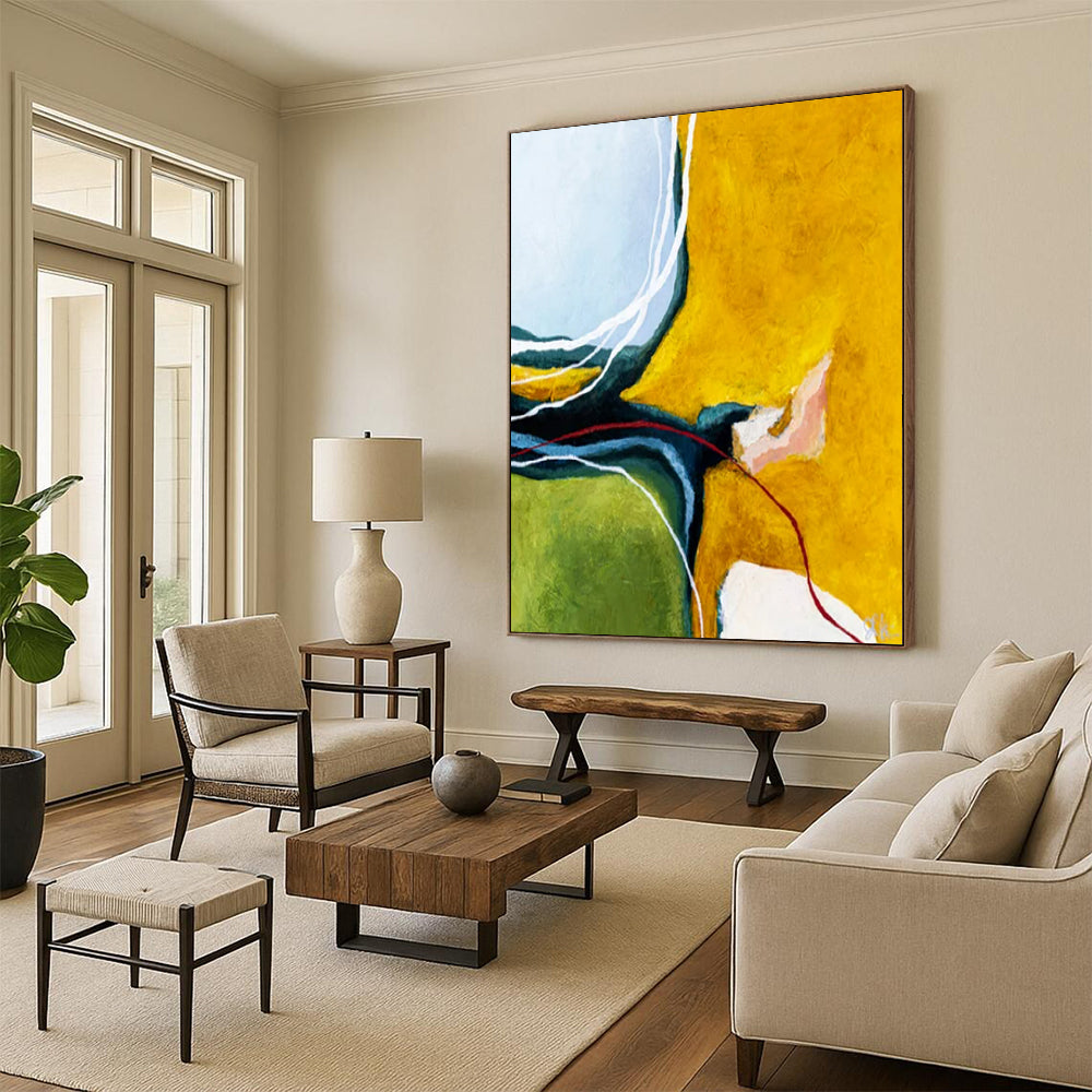 “Color Block Abstract - Yellows, Greens, and Intricate Lines” Painting On Canvas CT2387