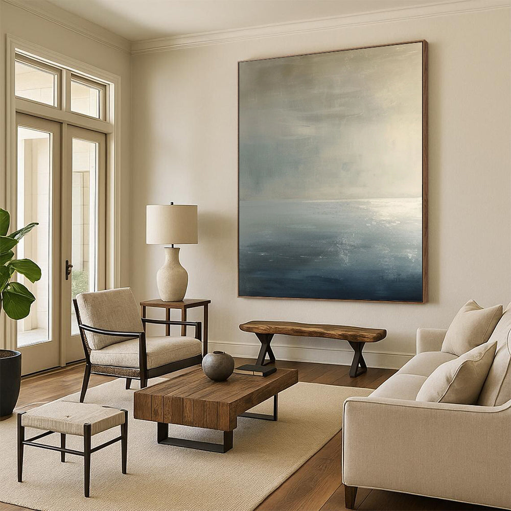 “Monochrome Abstract Horizon” - Gray, Blue, White Calm Layers Painting On Canvas DTP299