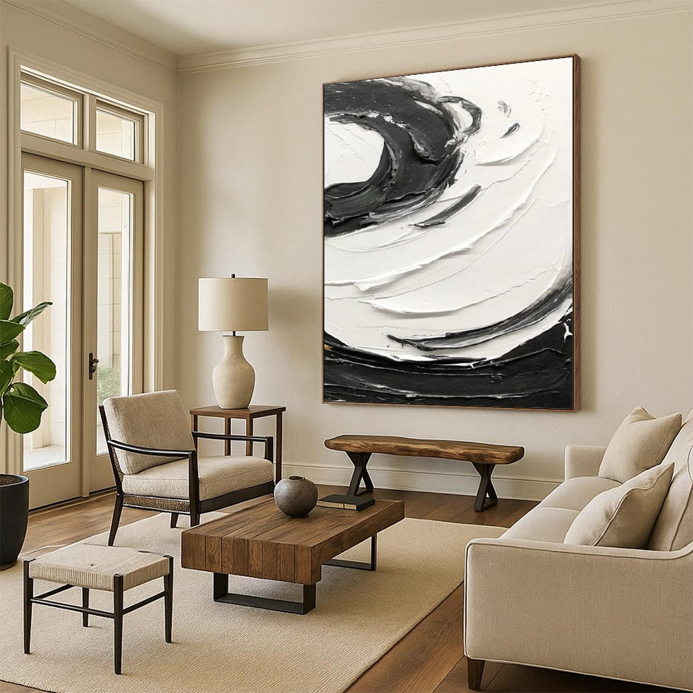 “Black, White Textured Swirls ‘Bold Rhythm’” - Impasto Abstract Painting On Canvas DTP380