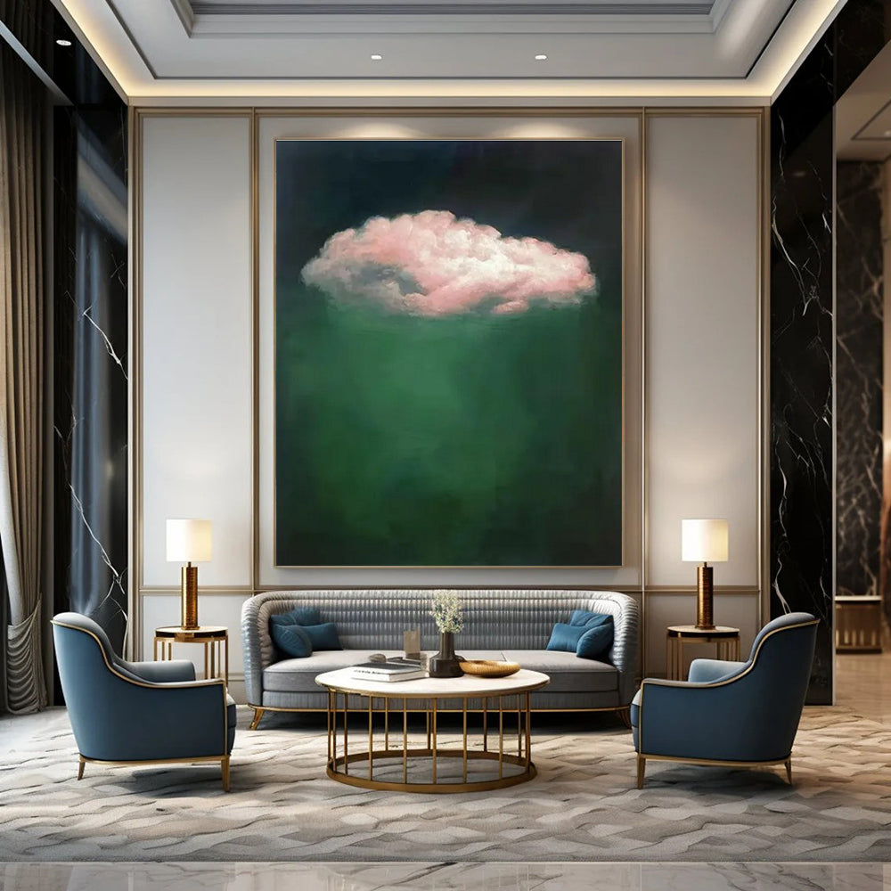 Pink Cloud, Deep Green Background - "Floating Fantasy" - Surrealist Oil Painting CT1442