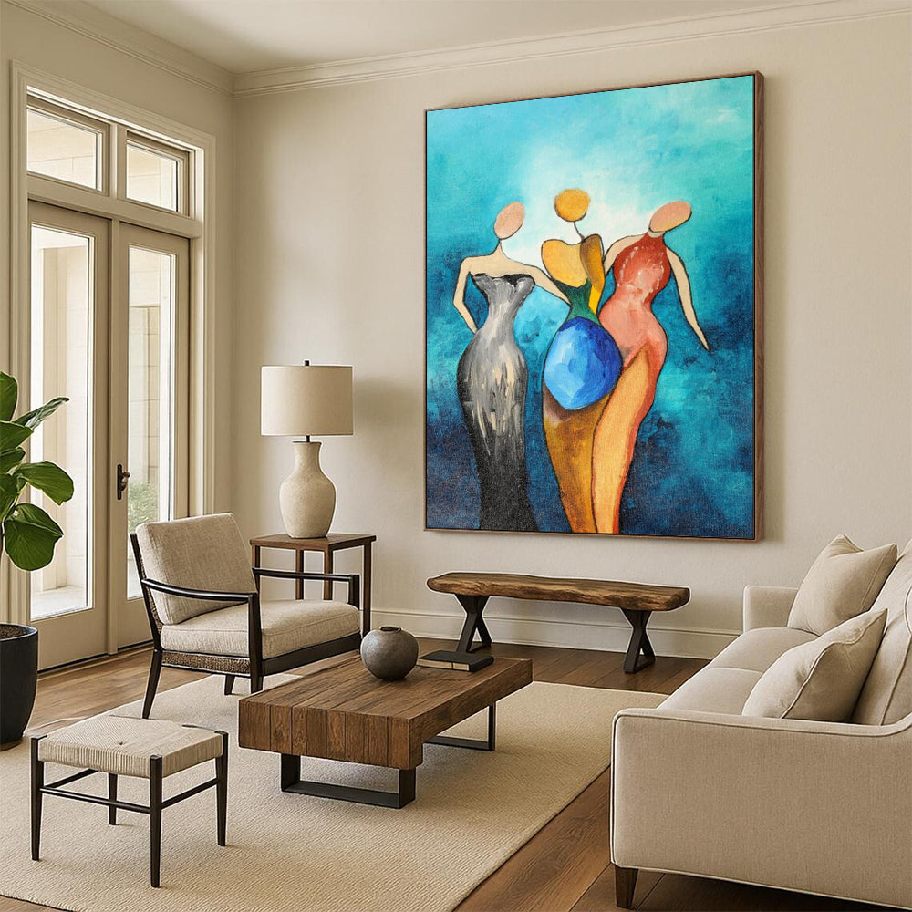 Turquoise, Multi - colored Figures - "Sisterhood in Hues" - Abstract Figurative Painting CT1813