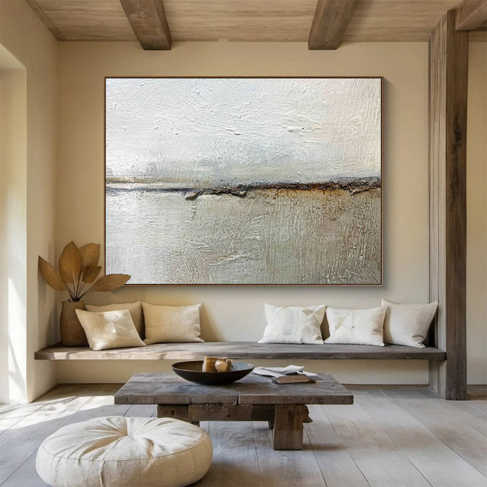 “Textured Neutral Divide” - White, Gray, Brown Minimalist Abstract Painting On Canvas DKH754