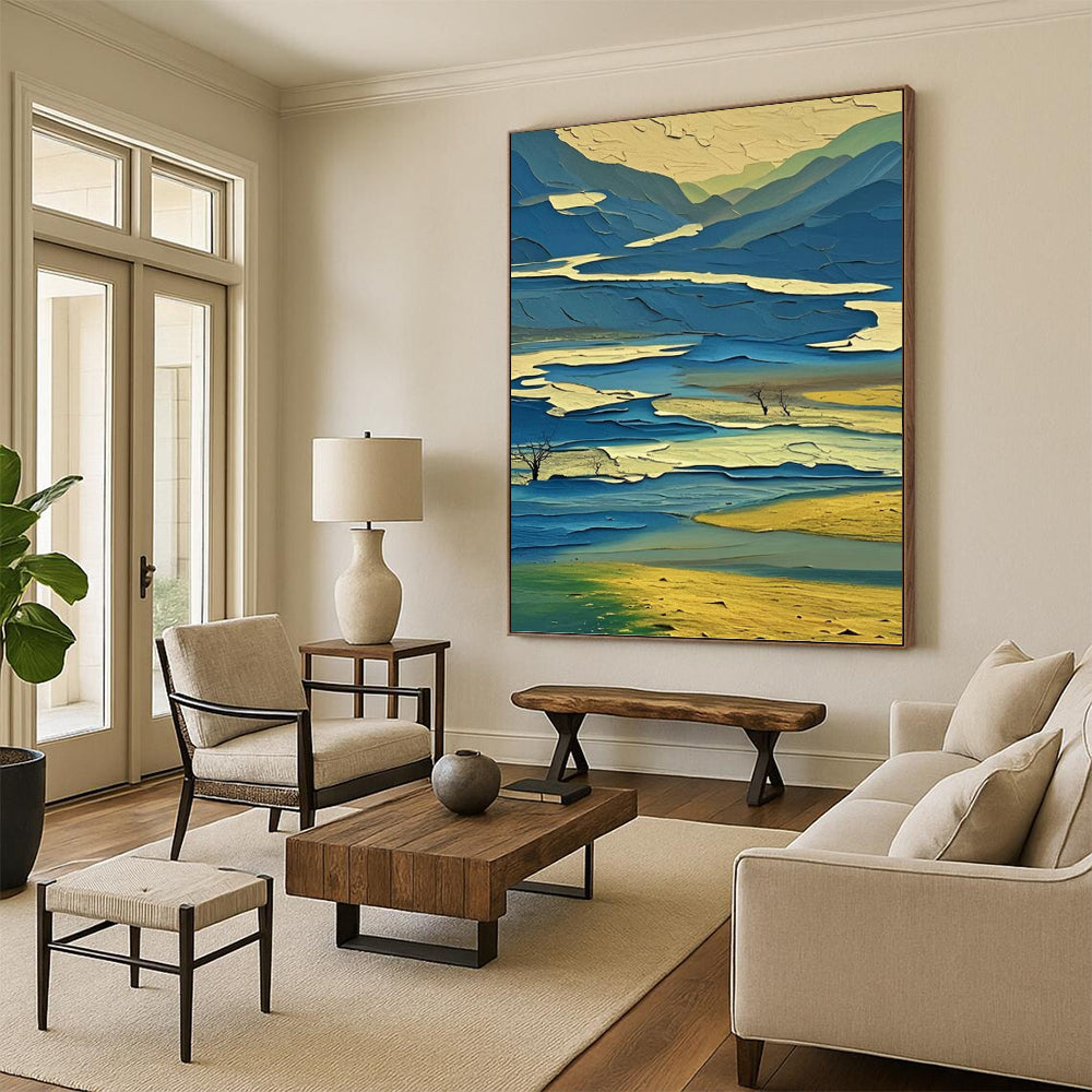 “Colorful Layered Landscape” - Blue, Green & Yellow Cubist - Inspired Painting On Canvas DKH0963