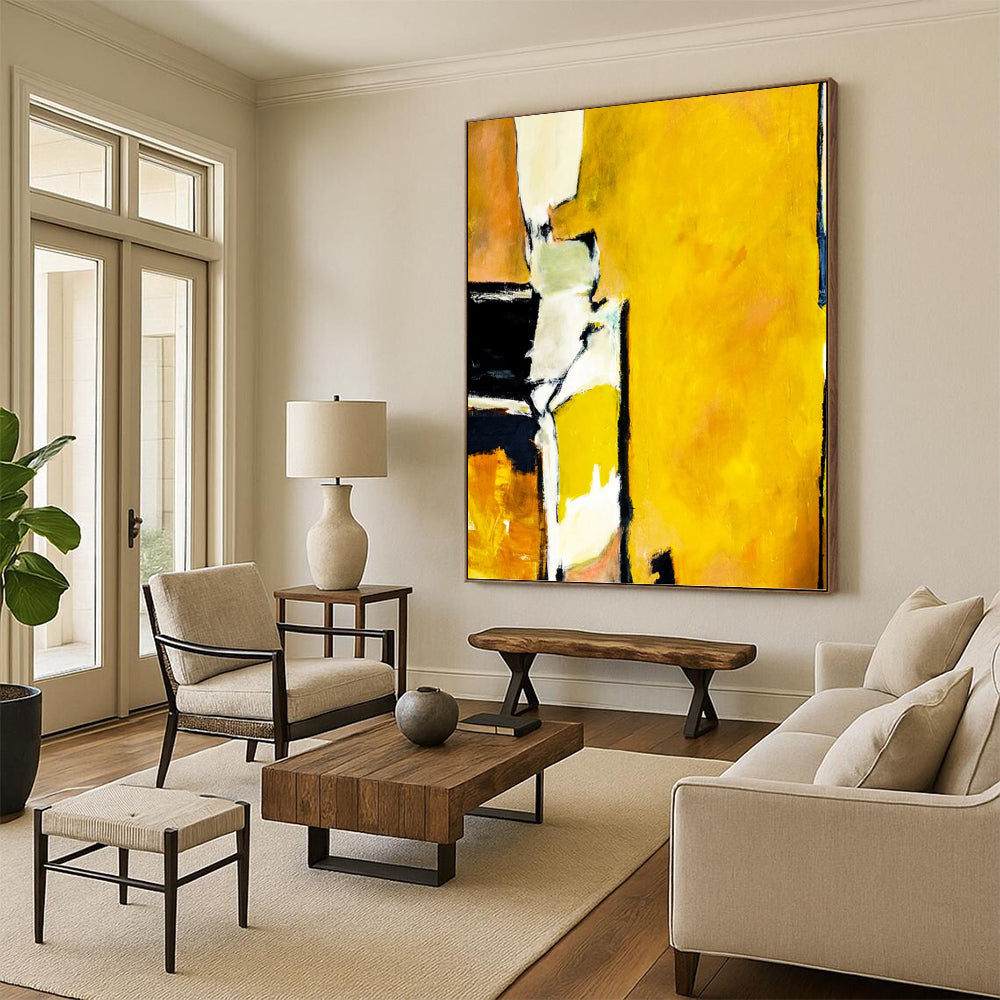 “Yellow - Focused Abstract with Black and White Contrasts” - Bold Abstract Painting On Canvas DKH1101