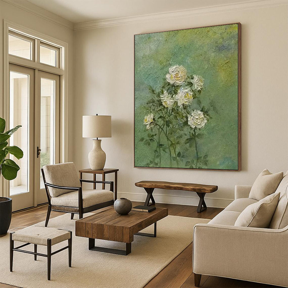 “White Roses on Green” - Textured Floral Painting CT1987