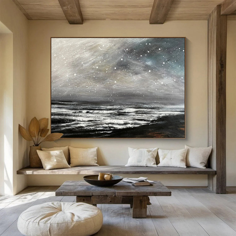 Black and White Starry Ocean “Nocturnal Wave Symphony” Painting On Canvas DKH109