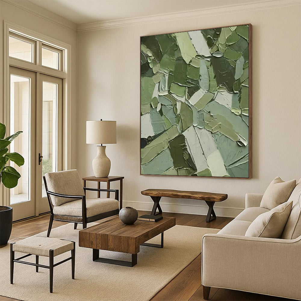 Green Geometric Impasto - Geometric Abstract Painting On Canvas CT2296