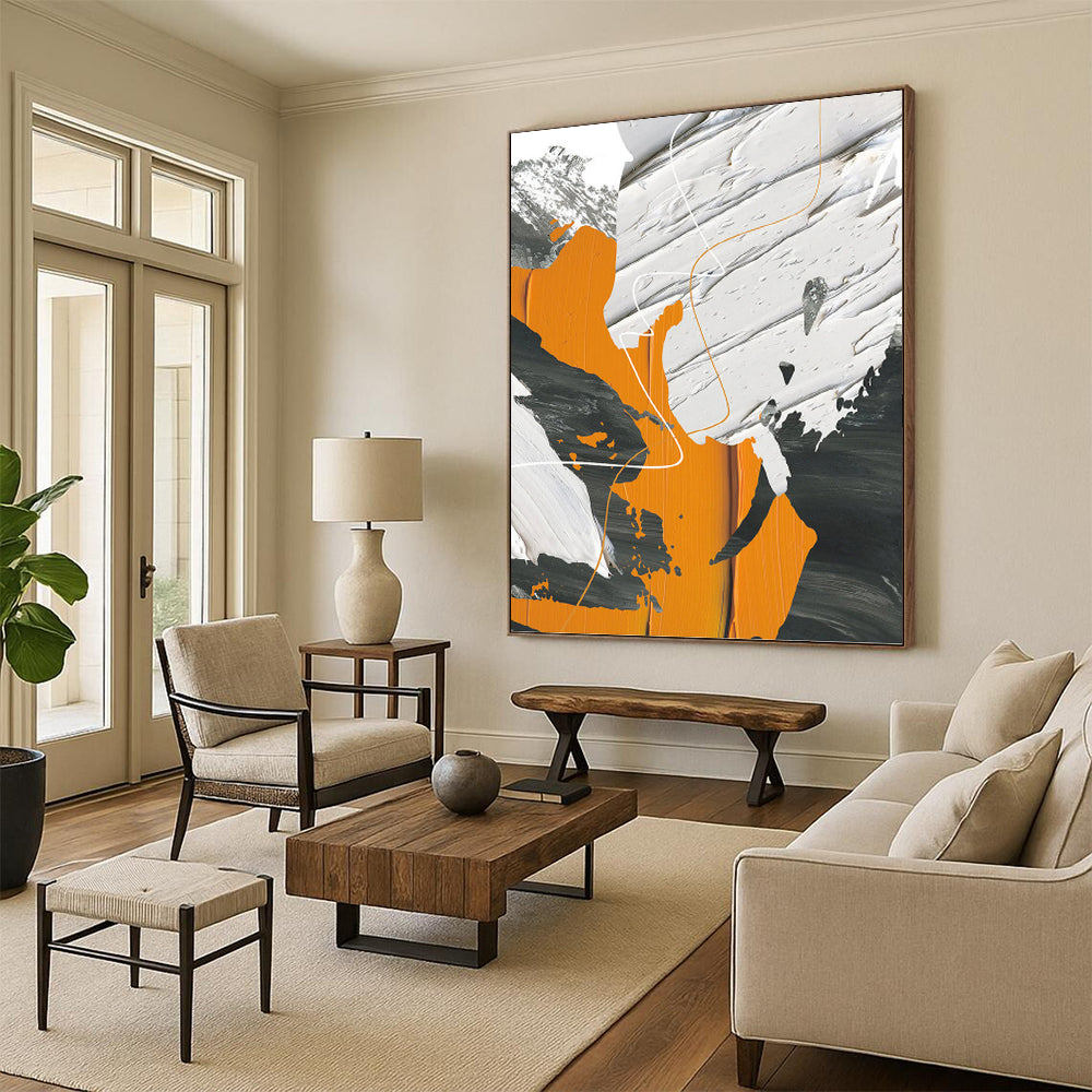 “Dynamic Forms” - Orange, White, Gray & Black Abstract Lines Painting On Canvas DKH1528
