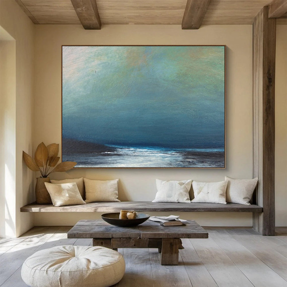Muted Blue and Gray Seaside “Hazy Coastal Calm” Painting On Canvas DKH107