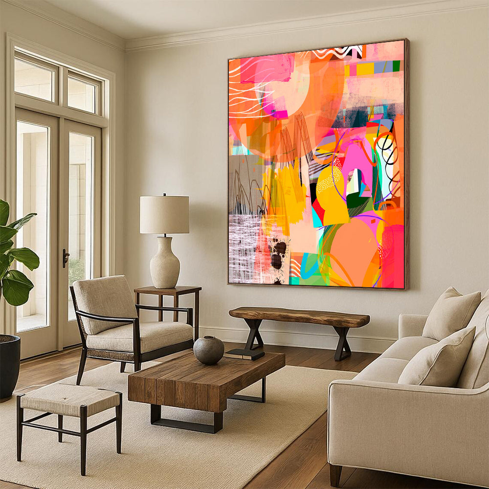 Vibrant Geometric Collage, Playful Shapes - "Color Carnival Collage" - Mixed - media Abstract Art CT1841