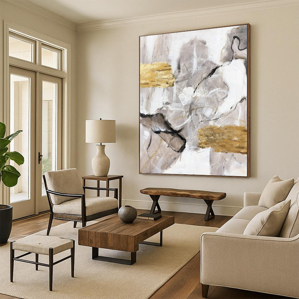 Neutral Tones with Gold Accents - Abstract Minimalist Painting On Canvas DKH1267