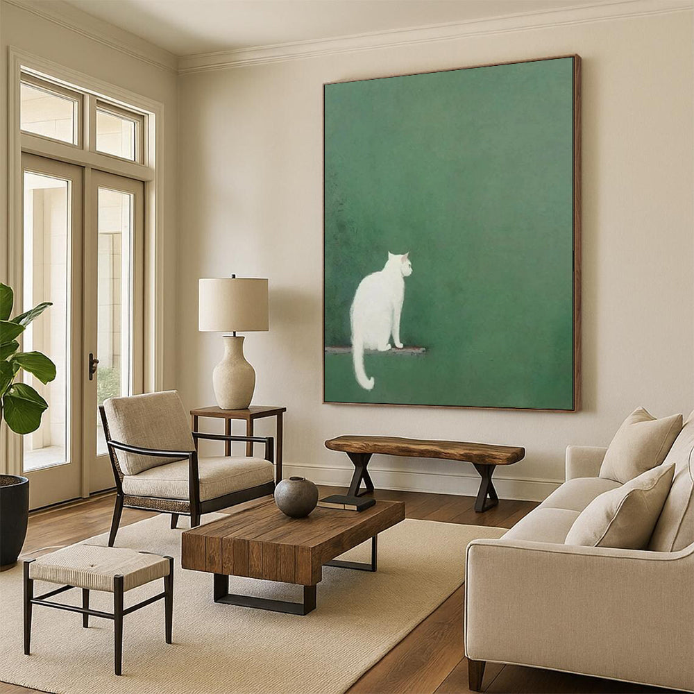“White Cat on Green” - Minimalist Animal Art CT1937